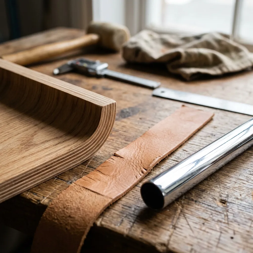Layers of moulded oak, a strip of tan leather and a chrome tube on a workshop bench
