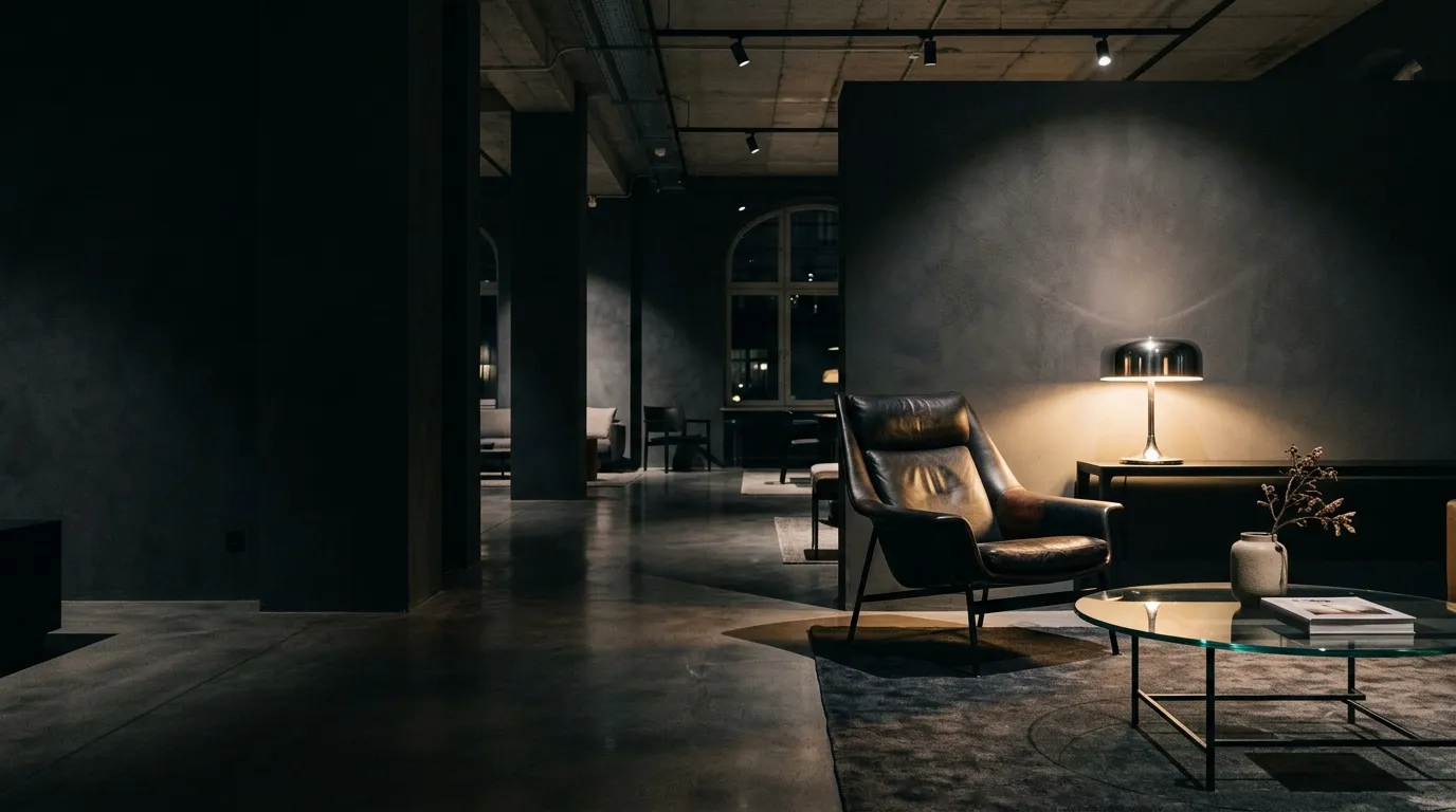 A dim showroom with a leather lounge chair, a glass coffee table and a glowing lamp