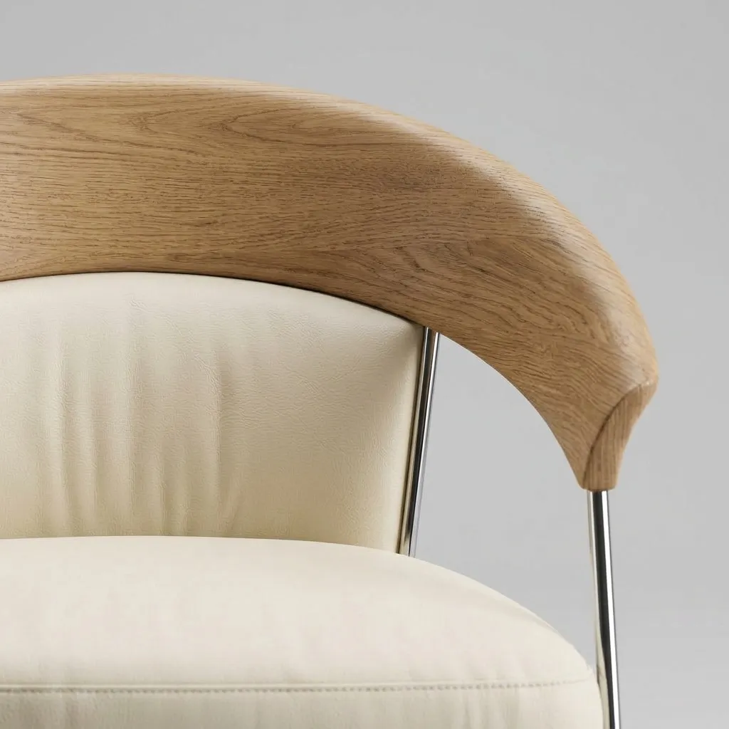 Close-up of the curved oak back and the cream leather cushion