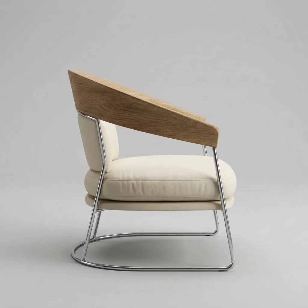 The same armchair in profile, showing the curve of the oak back