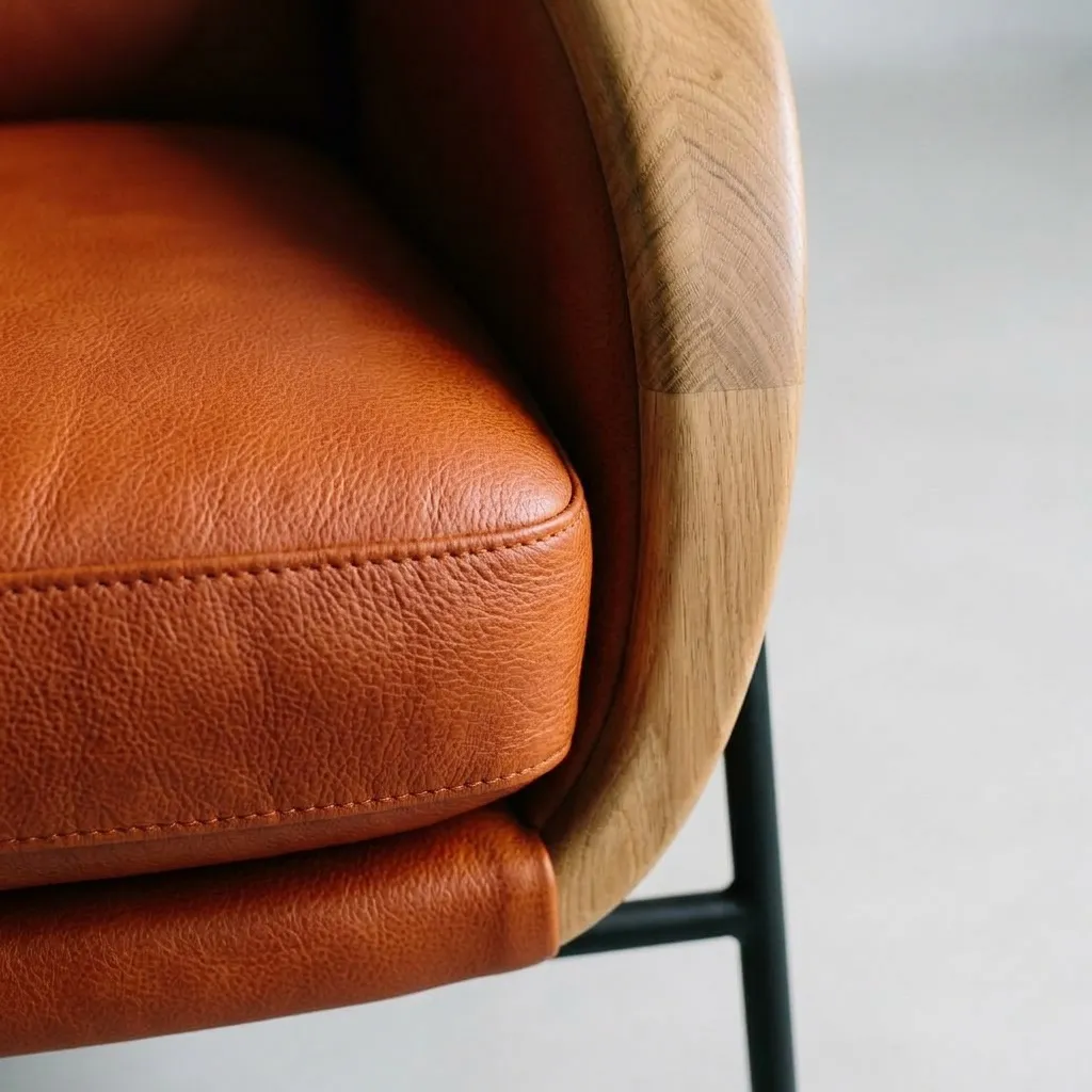 Close-up of the rust orange leather seat and the curved oak side