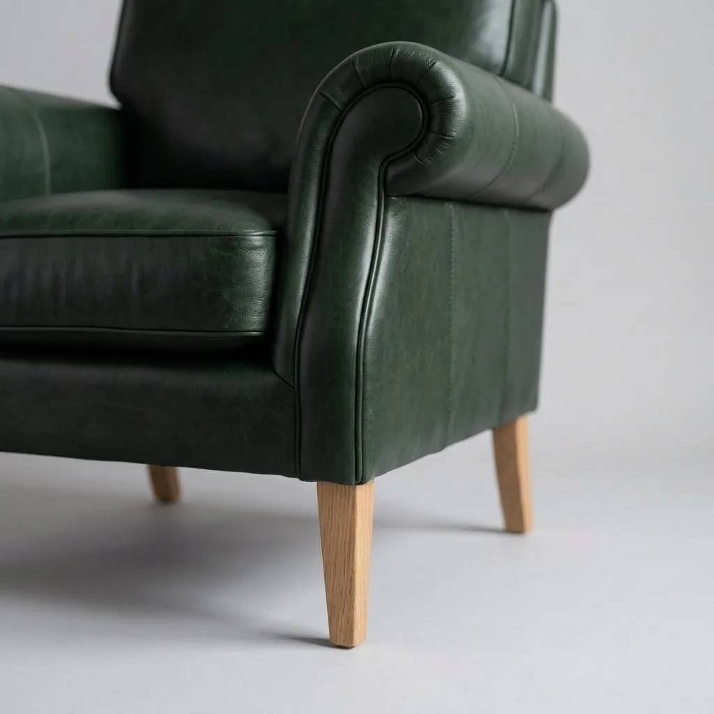 Close-up of the rolled dark green leather arm and an oak leg