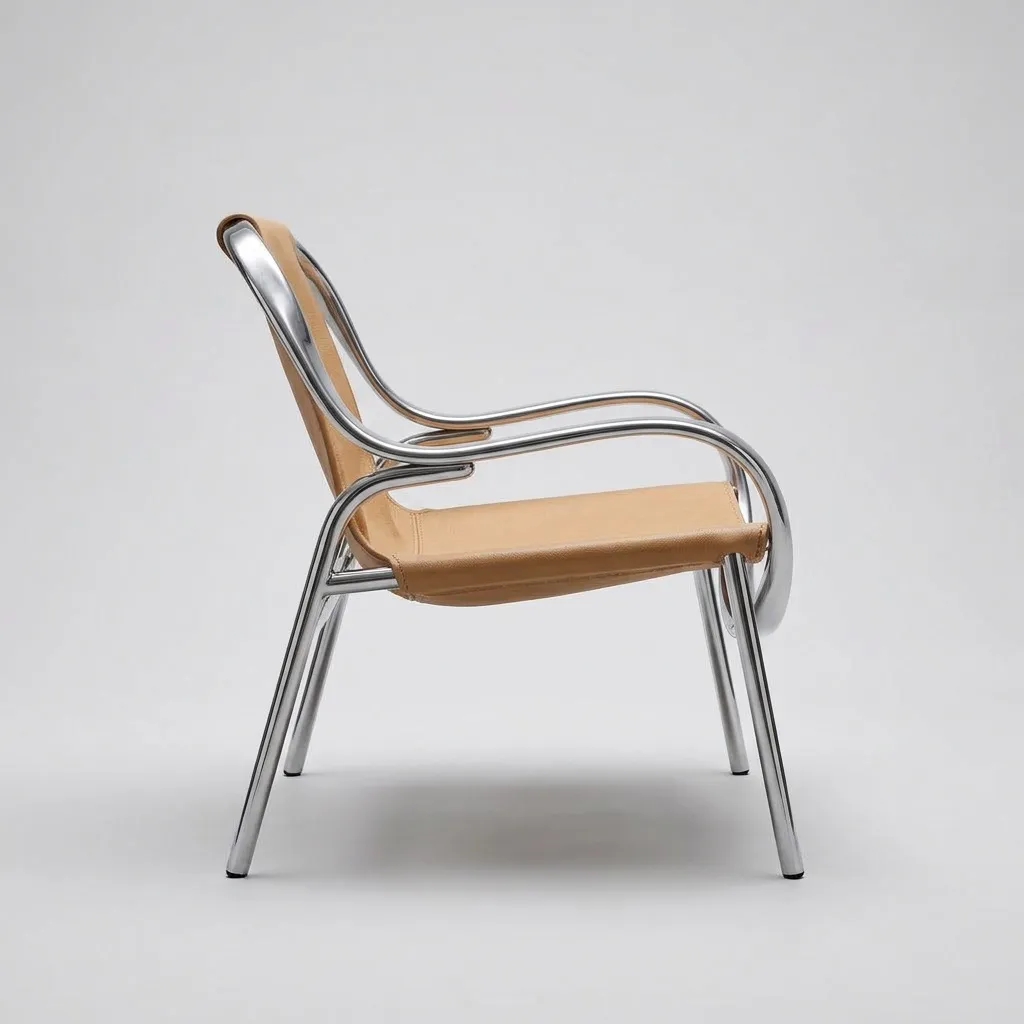The same armchair in profile, showing the flowing chrome ribbon
