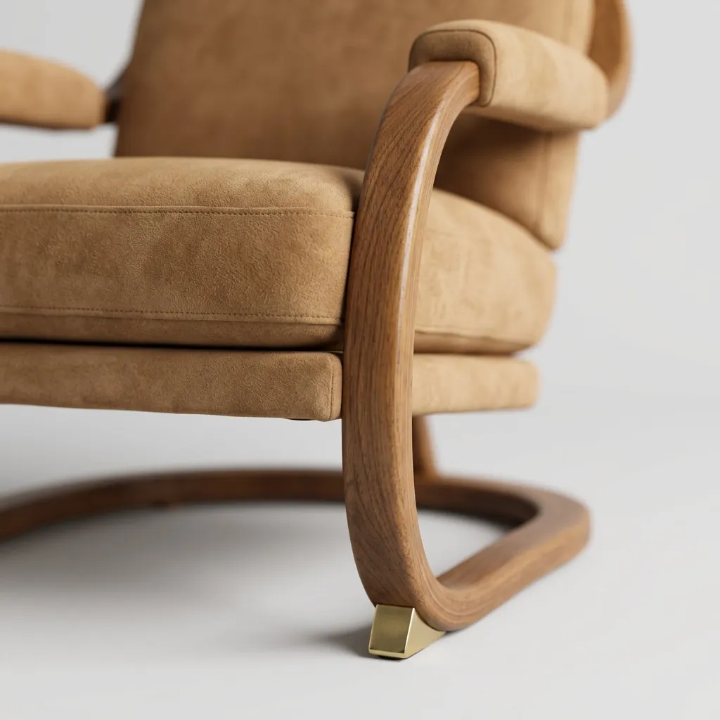 Close-up of the camel suede seat and the curved walnut frame