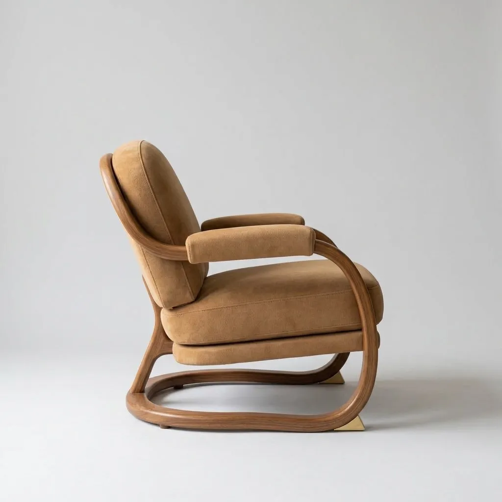 The same armchair in profile, showing the curved walnut frame