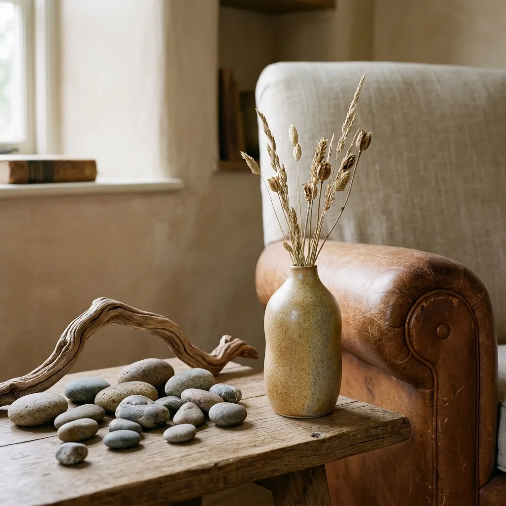 River stones, a curved branch and a ceramic vase beside the arm of a leather chair