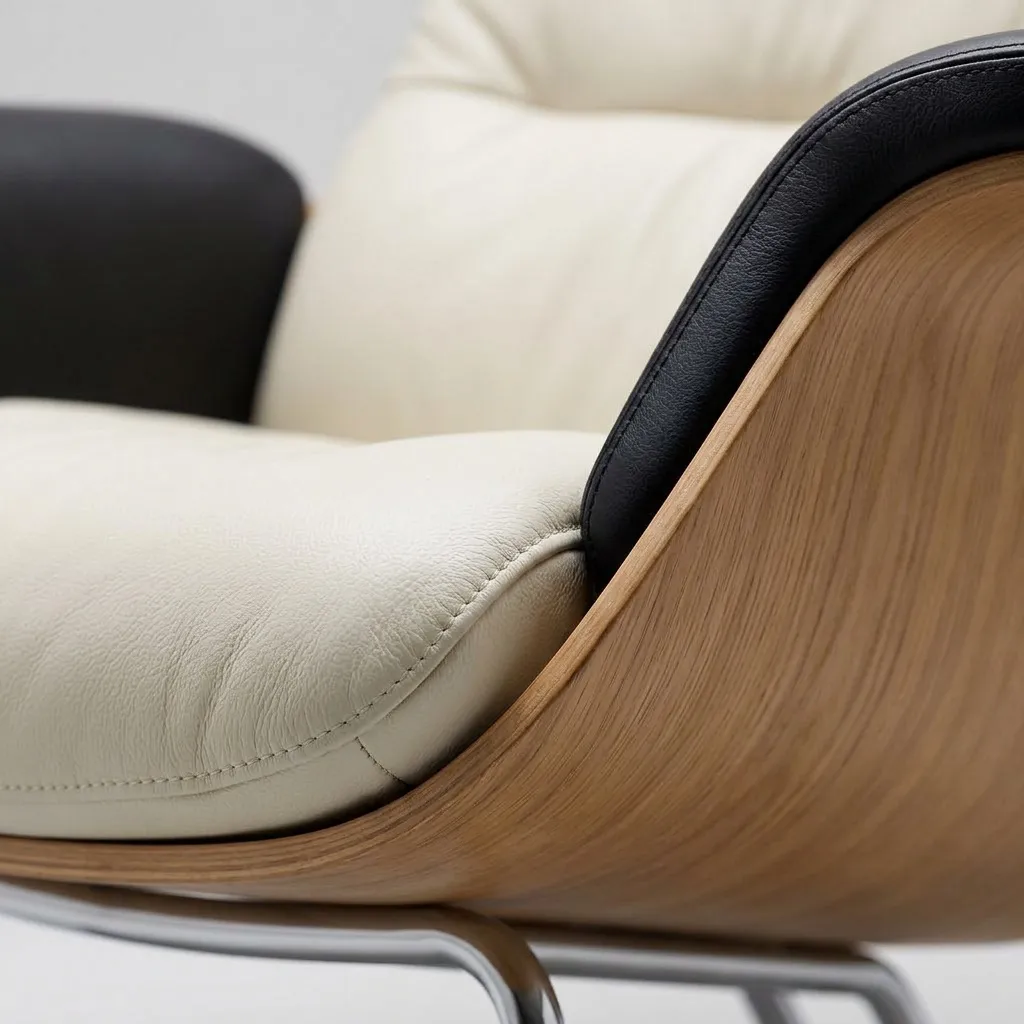 Close-up of the cream leather seat, the black leather arm and the moulded oak shell