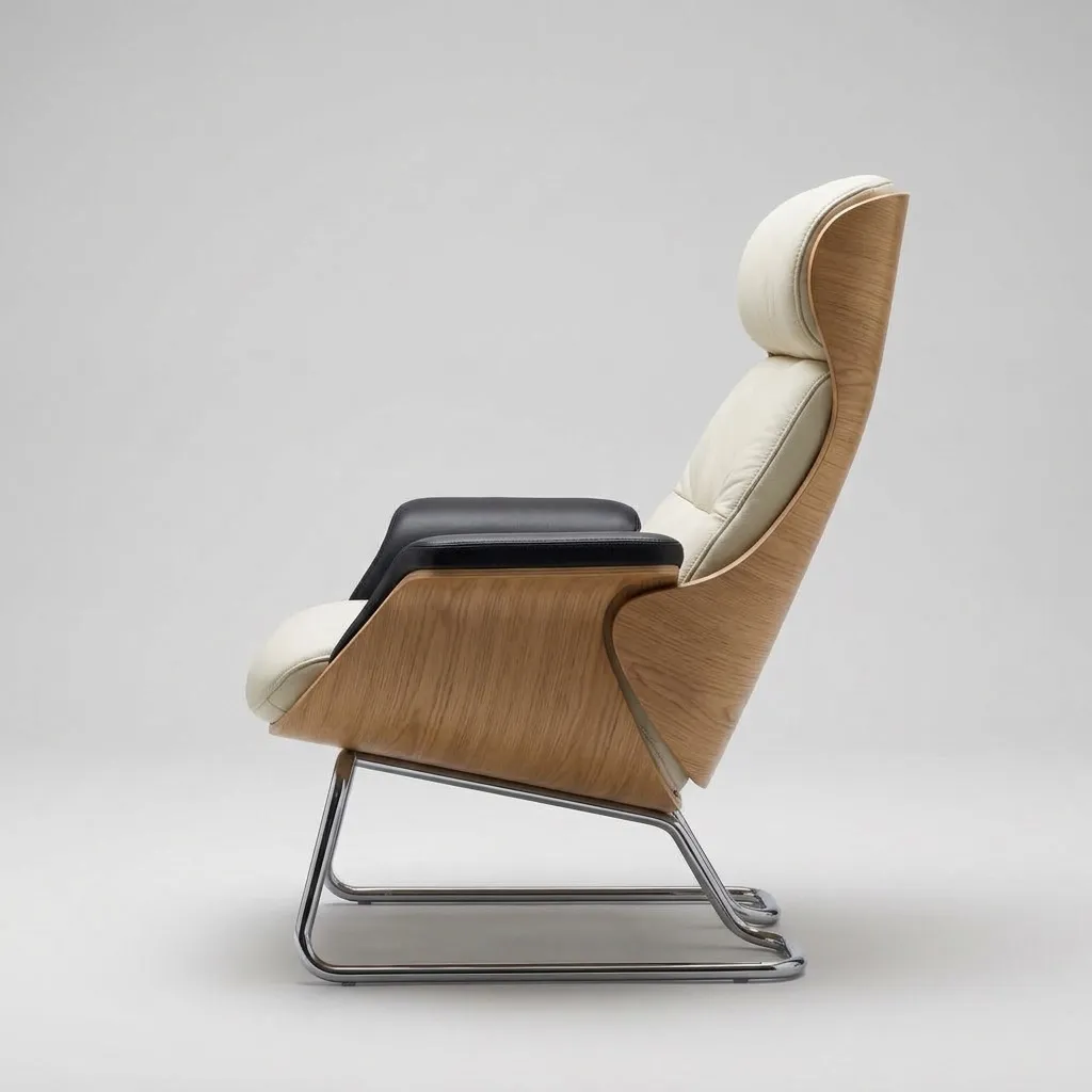 The same lounge chair in profile, showing the curve of the oak shell