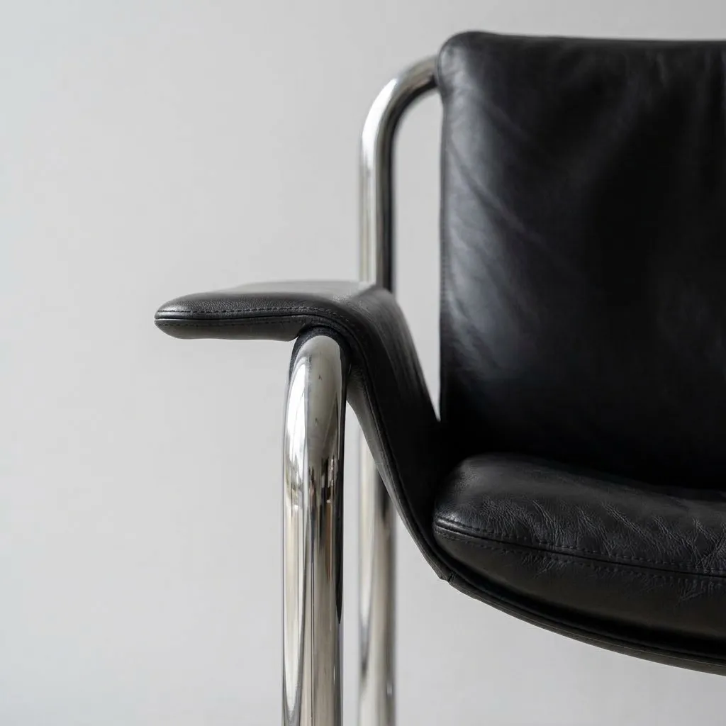 Close-up of the black leather sling seat and the polished chrome tube of the armrest