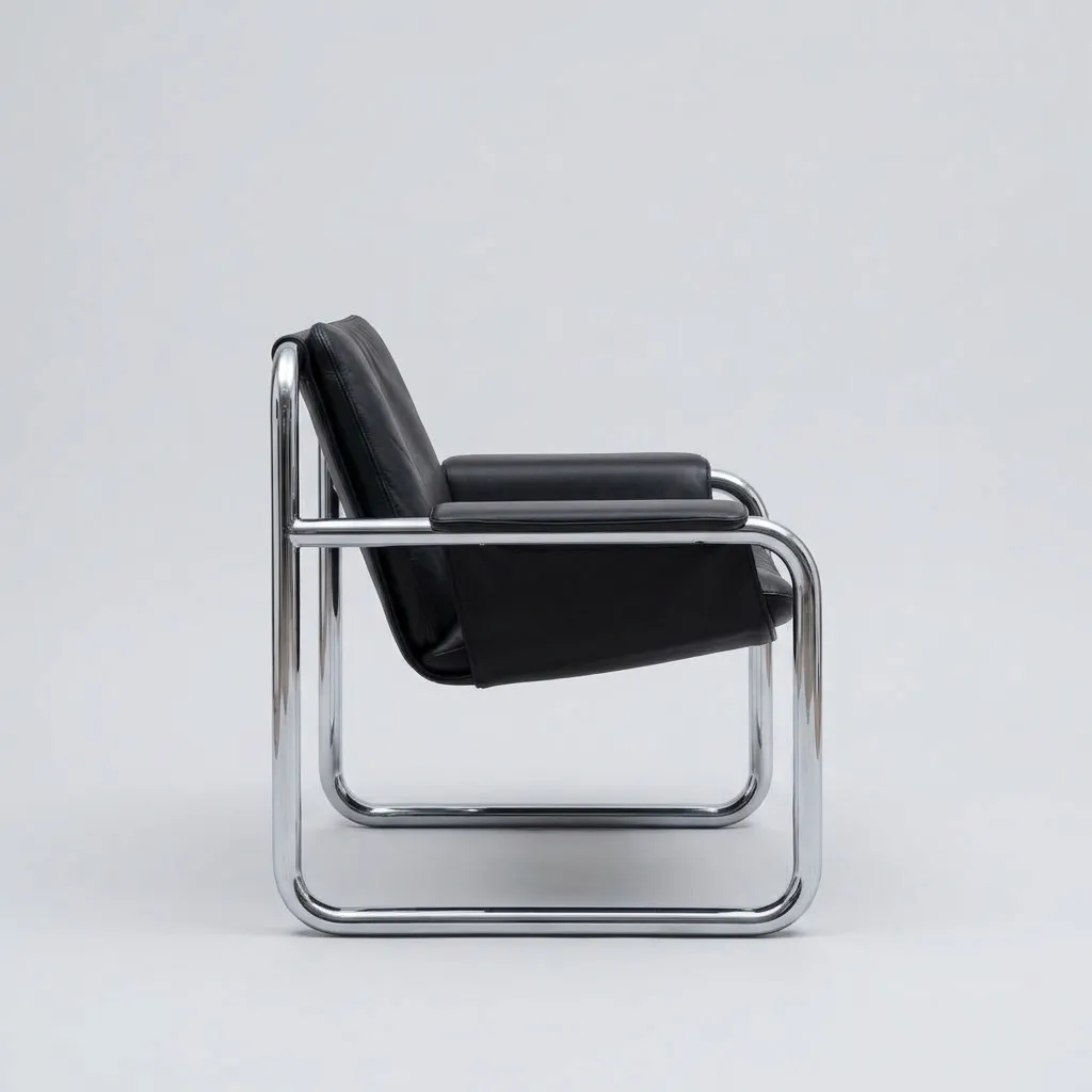 The same armchair in profile, showing the looping chrome tube frame