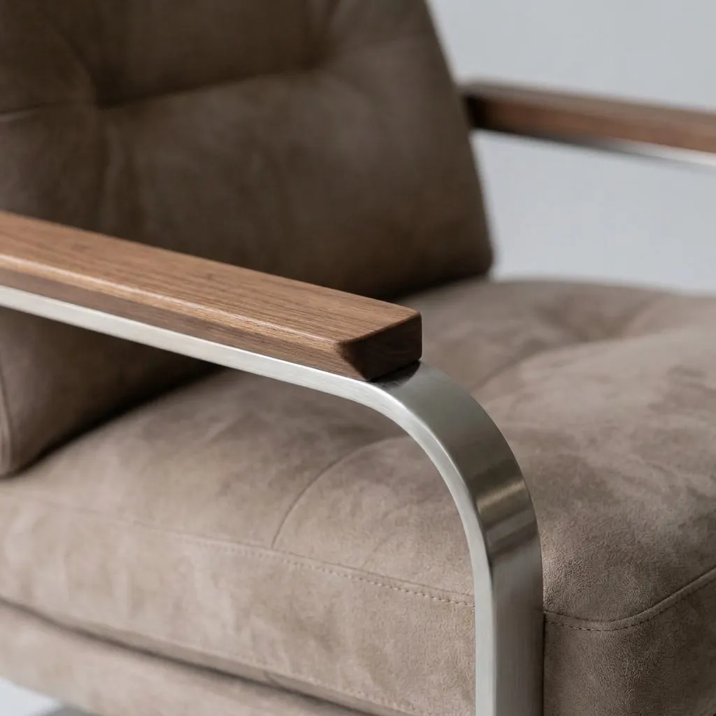 Close-up of the taupe suede cushion and the walnut armrest on the steel frame