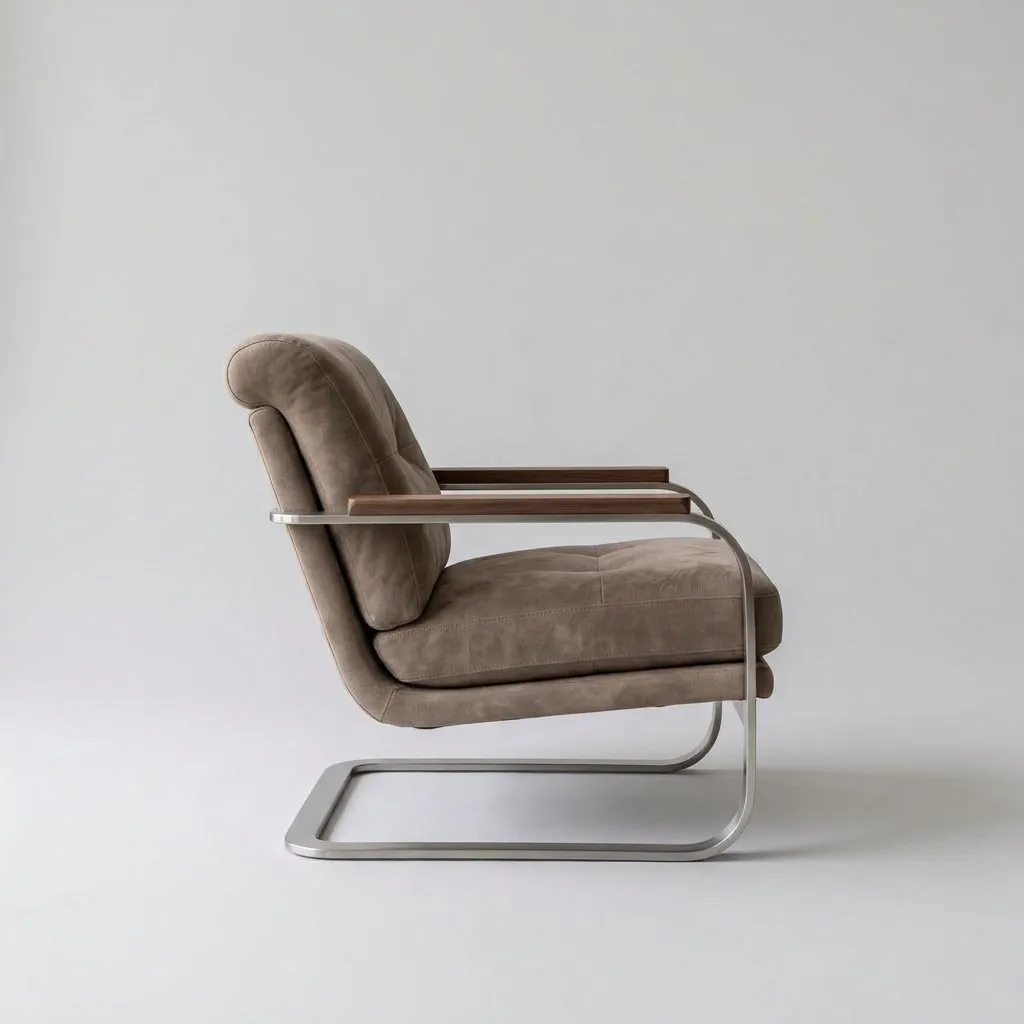 The same lounge chair in profile, showing the curved steel frame and the walnut armrest