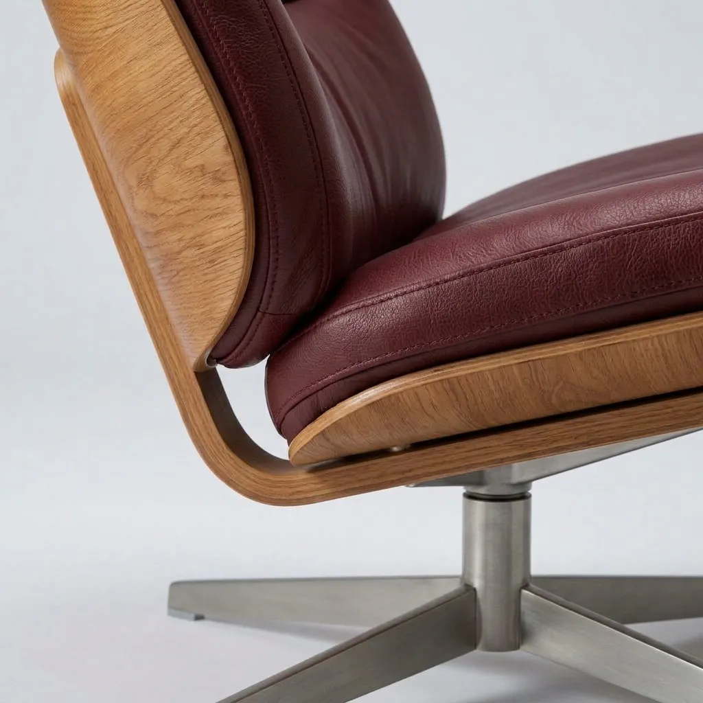 Close-up of the burgundy leather seat meeting the curved oak back