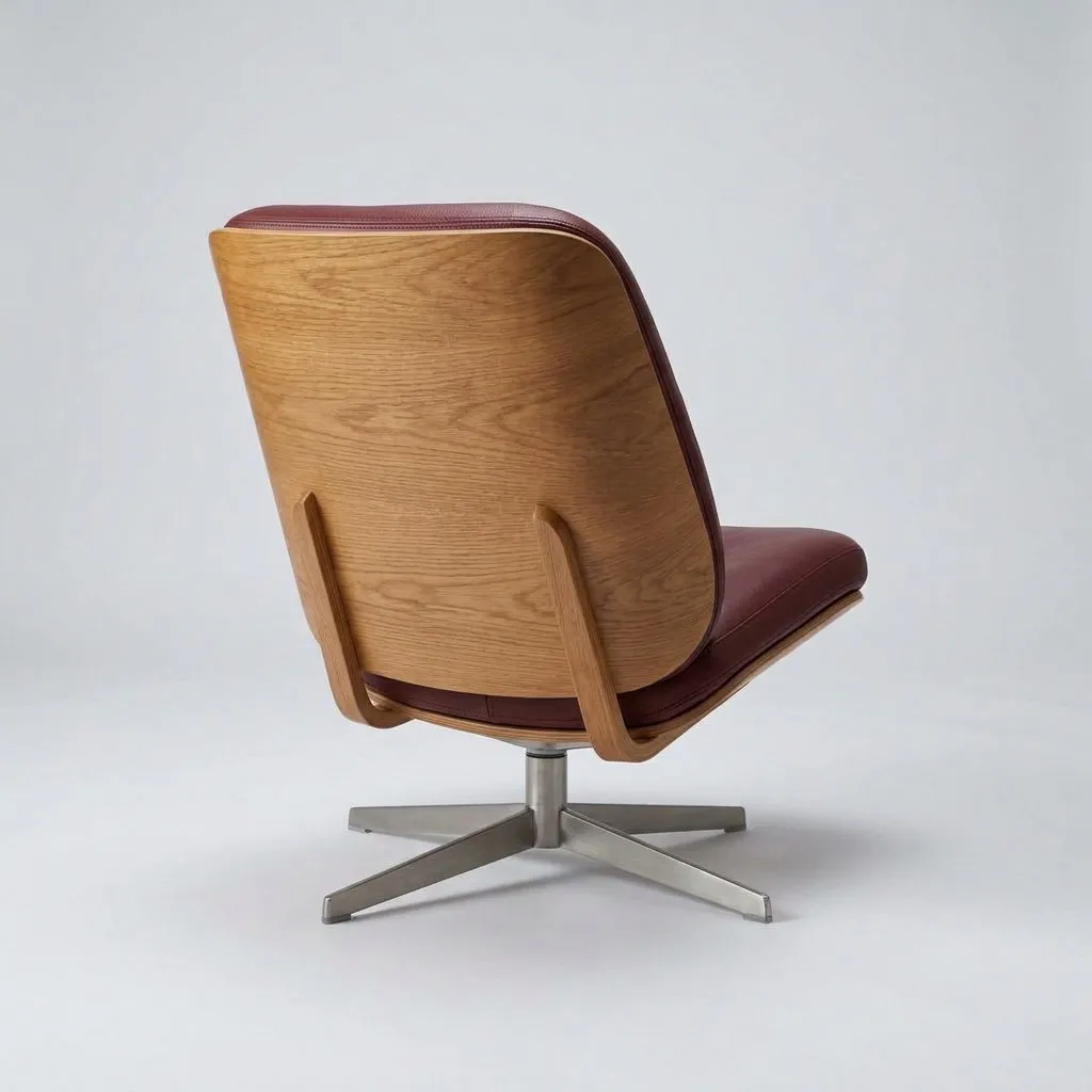 The same lounge chair seen from behind, showing the oak shell and the steel swivel base