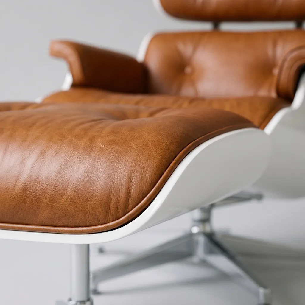 Close-up of the cognac leather cushion against the white lacquered shell