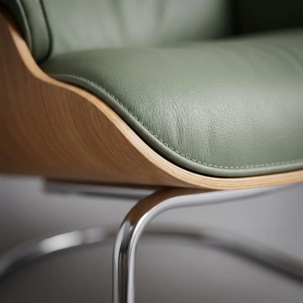 Close-up of the stitched sage leather seat against the oak shell and chrome base