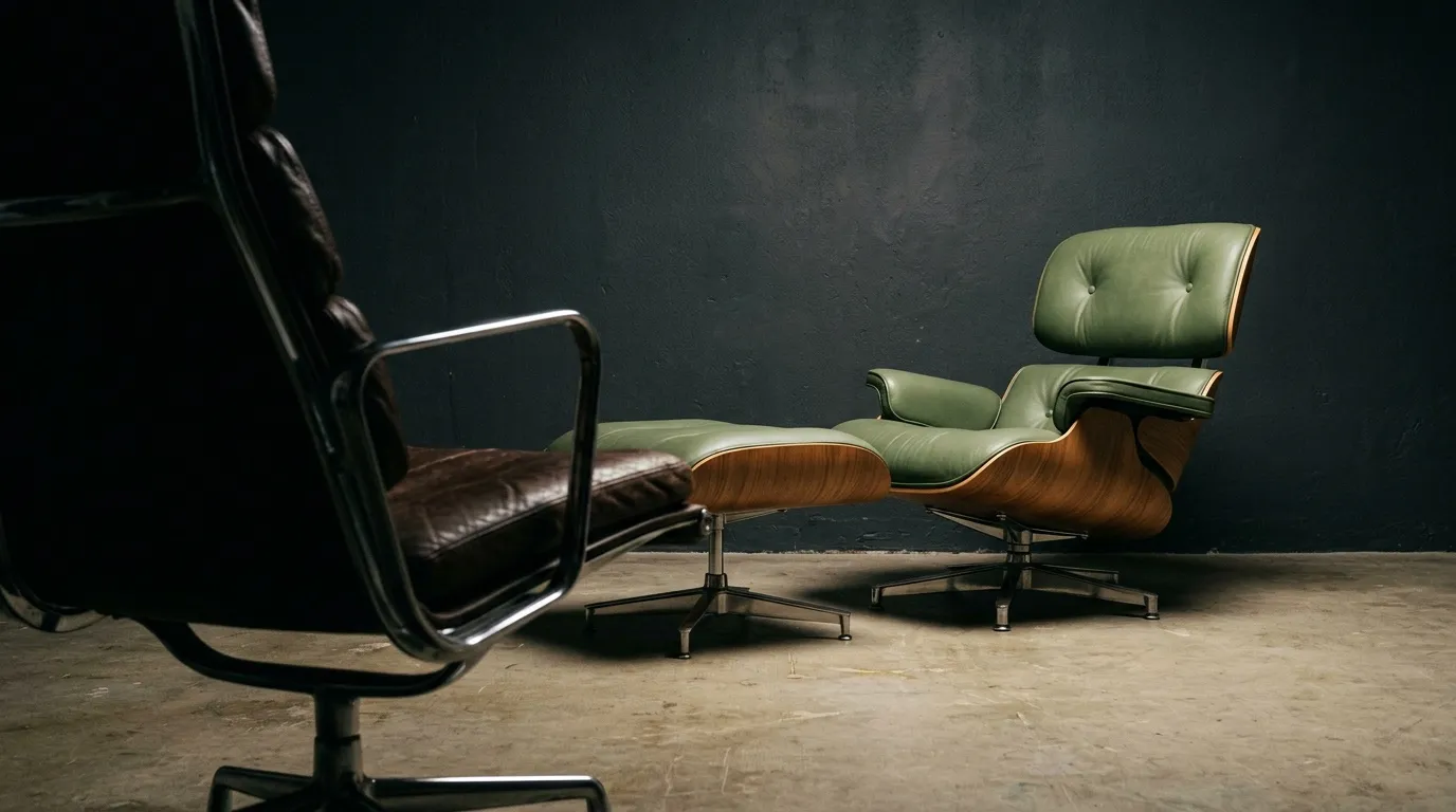 Two sculptural lounge chairs in a dark studio, one in sage green leather