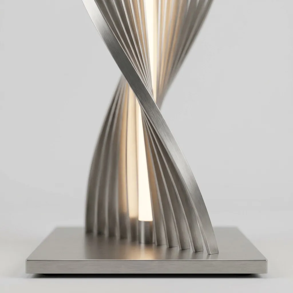 Close-up of the twisting steel fins and the light inside, above the square base