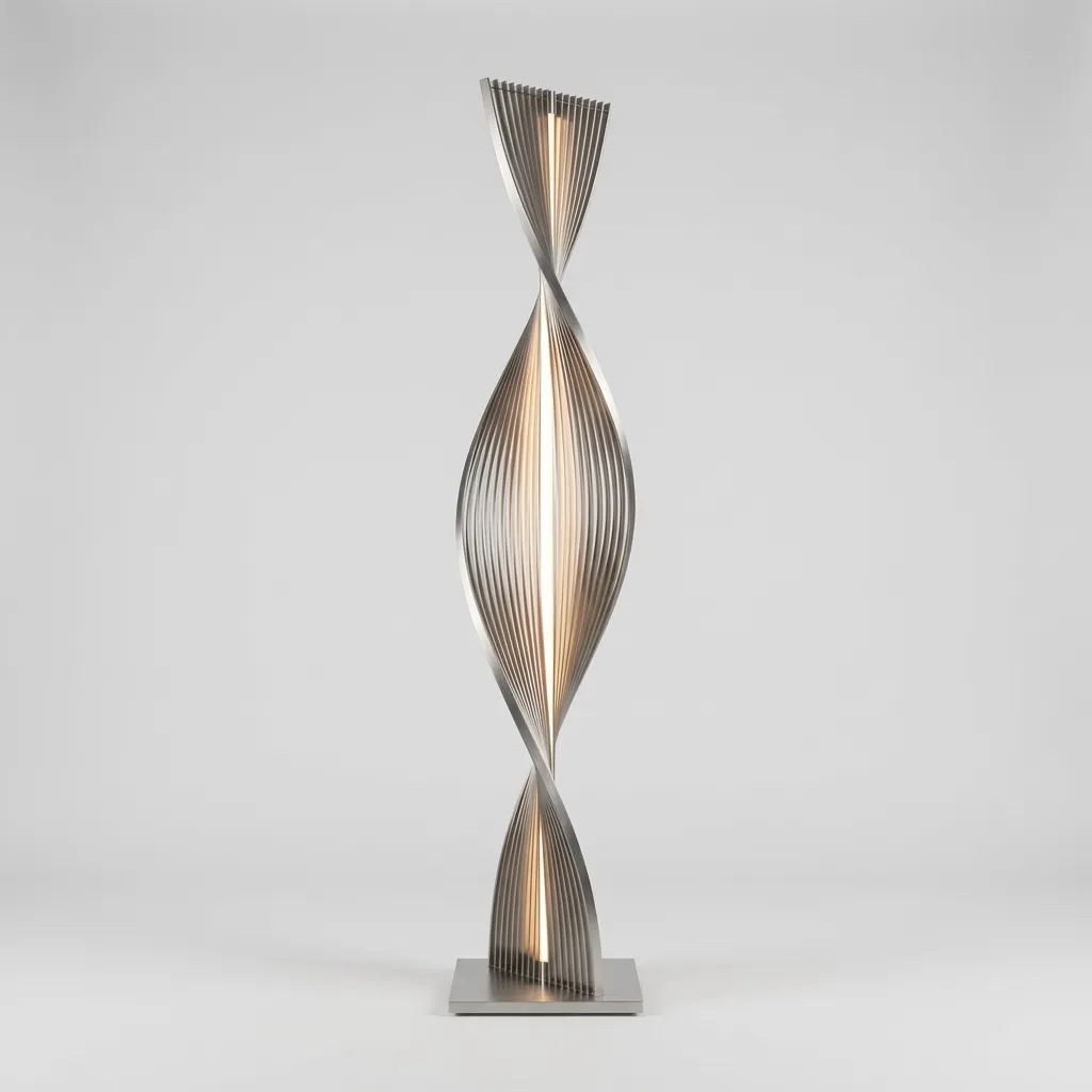 The same floor lamp from another angle, the twisting steel fins glowing