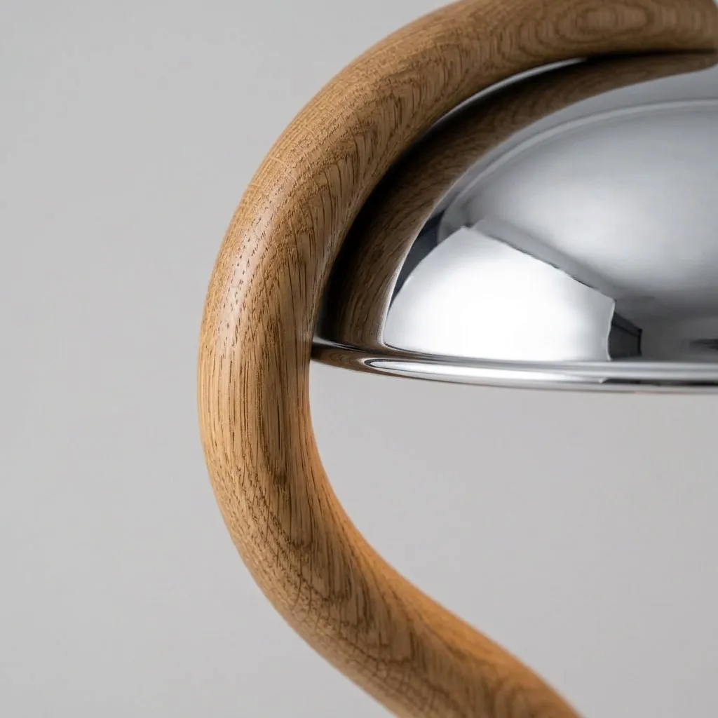 Close-up of the chrome shade and the grain of the oak neck