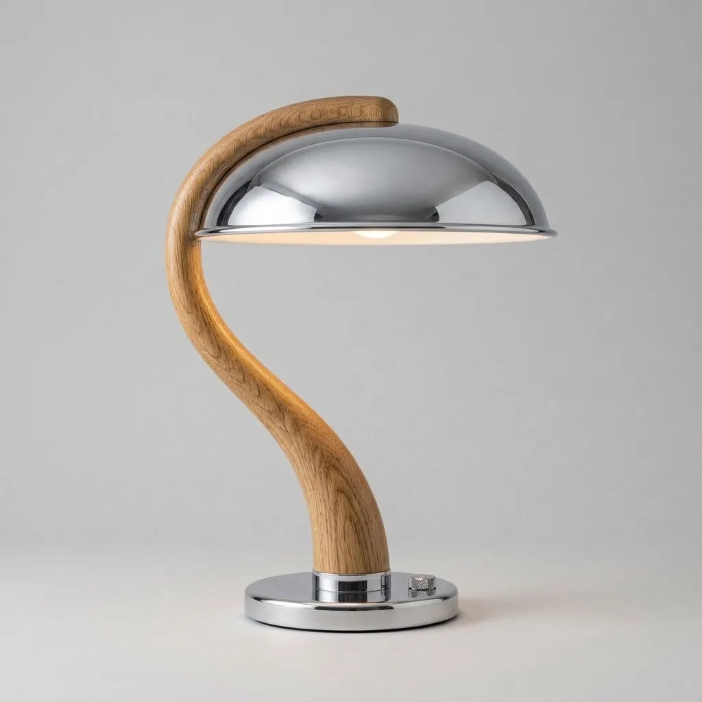 The same desk lamp in profile, showing the full curve of the oak neck