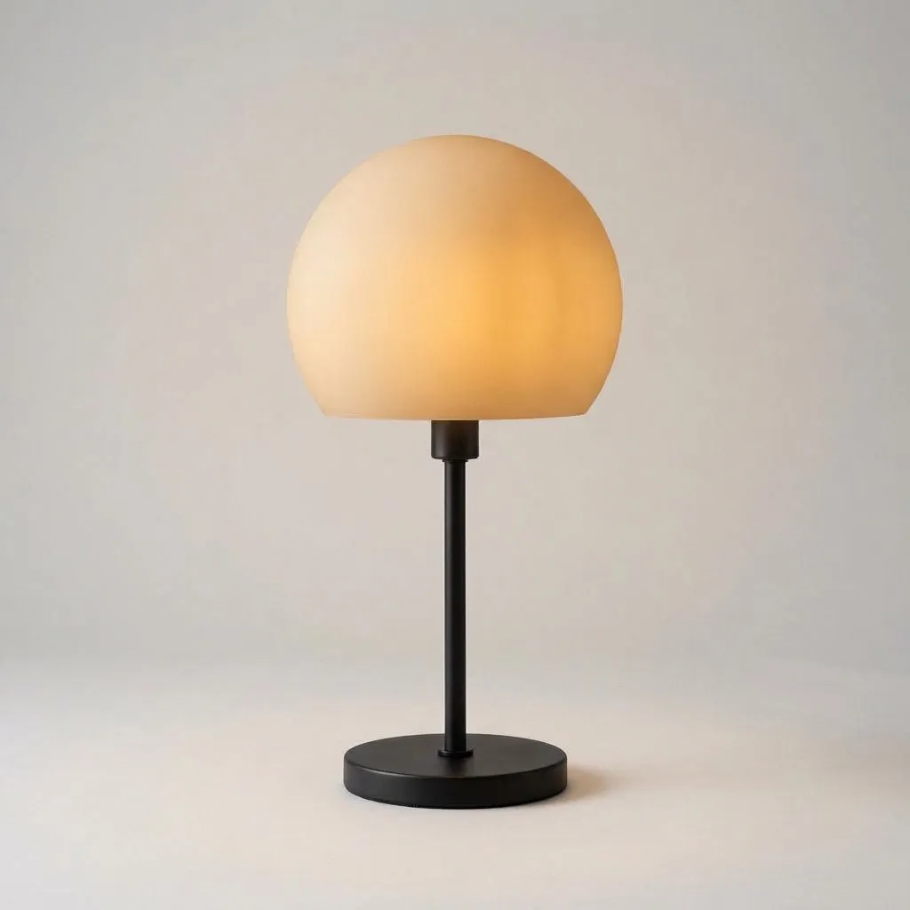 The same lamp switched on, the opal glass globe glowing warmly