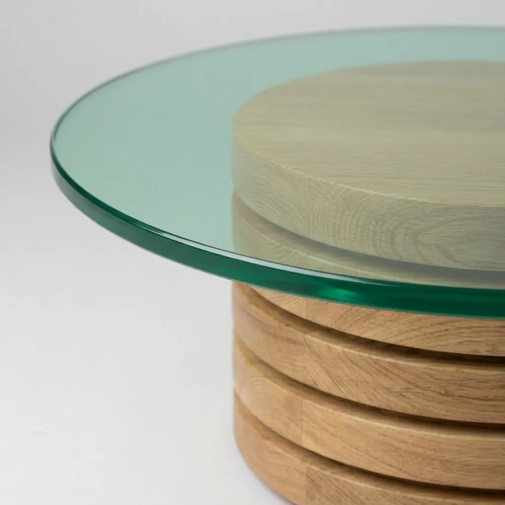 Close-up of the green-tinted glass edge over the stacked oak discs