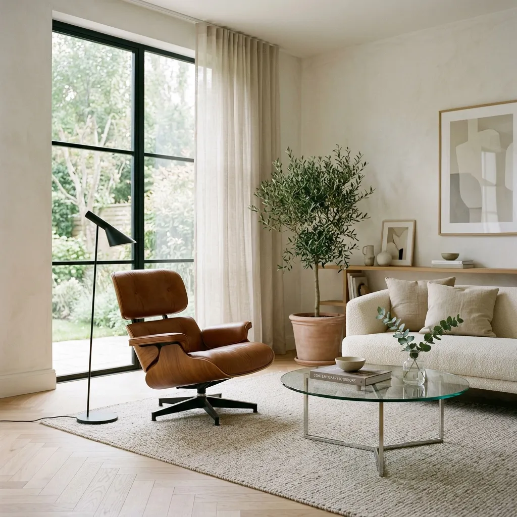 A calm living room with a leather lounge chair, a glass coffee table and a tall window